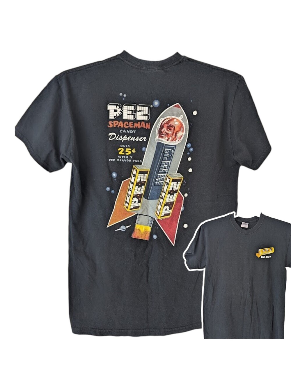 PEZ Mens M Spaceman Candy Dispenser T-shirt Black Retro Space Race Graphic 19x28
